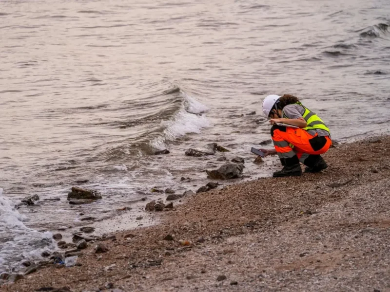 Female environmental scientist squats near shoreline